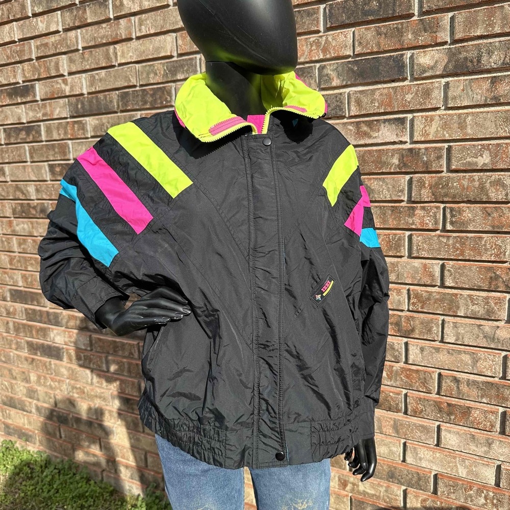 Vintage Izzi Jacket Womens Medium Colorblock Hooded‎ Zip-Up Elastic Cuffs